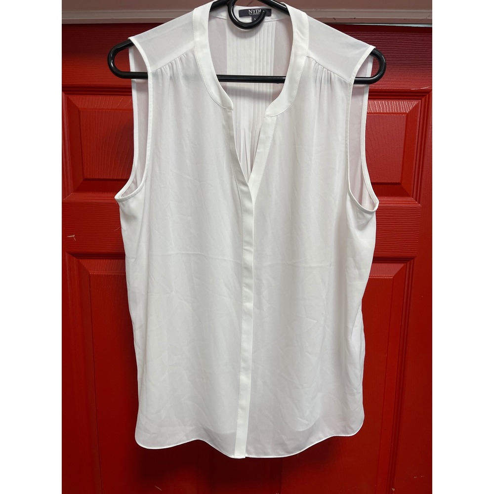 NYDJ White Sleeveless Pintuck Back Blouse Split V-Neck Top Large